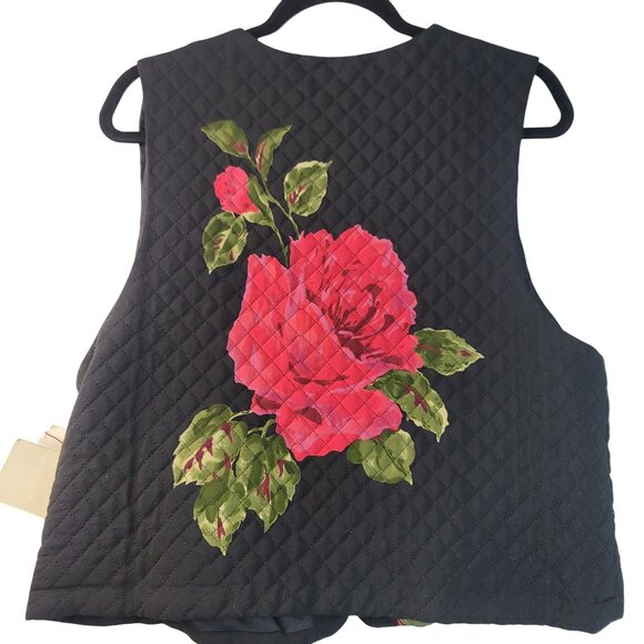 Quilted Floral Vest Size 12 Susan Bristol Winter Rose Black USA Button Deadstock - Picture 2 of 9